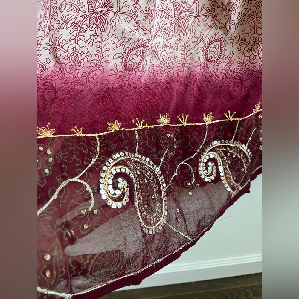 Soft Surroundings Maxi Skirt M Burgundy Boho Pintuck Pleats Waist sequins cottag - Picture 4 of 8